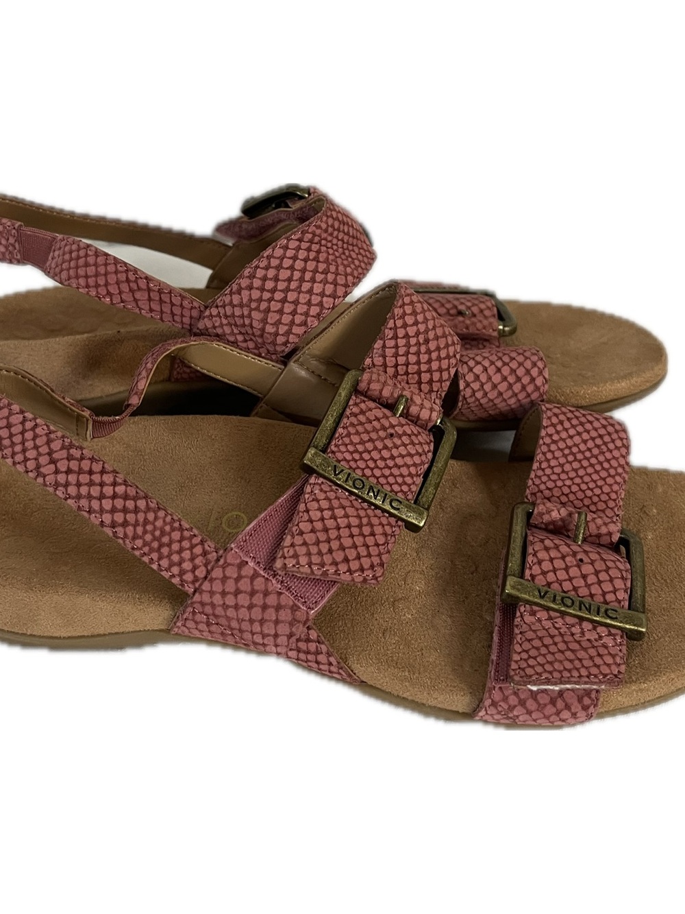 Vionic NWOB Reese Pink Snake-Print Leather Comfort Buckle Sandals